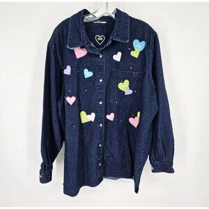 Quacker Factory Pon Heart Shirt 1X Blue Denim Button Embroidered Heart Valentine
